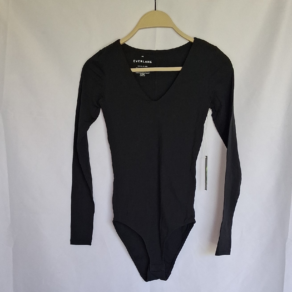 Everlane The Long Sleeve V-Neck Bodysuit Black XXS Supima Cotton